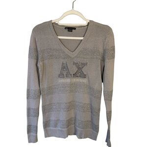 Armani Exchange Light Gray Metallic V-Neck Sweater Size S Minimalist Designer